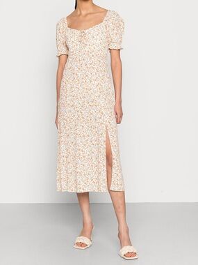 EVER NEW CURVE Plus Size Floral Midi Dress 18 Puff Sleeve Side Slit Smocked Back